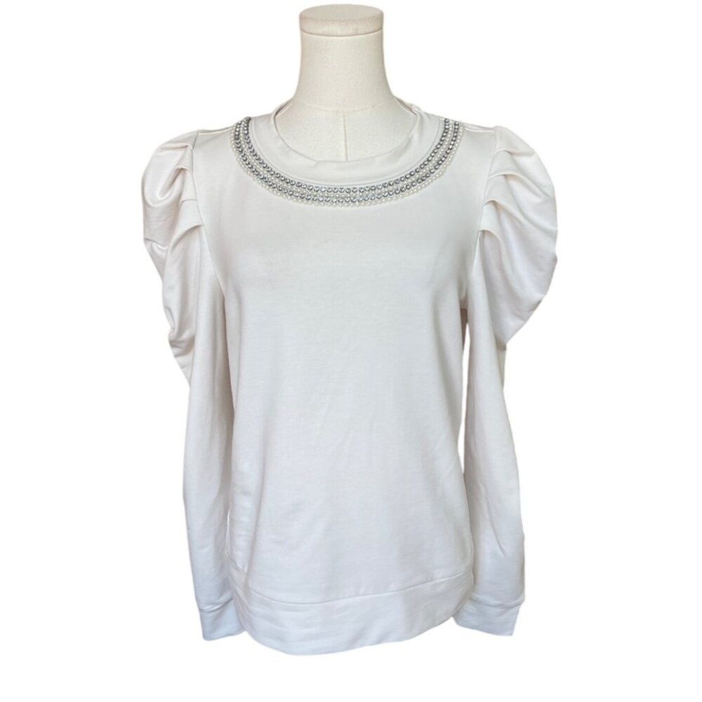 Ann Taylor Embellished Puff Sleeve Sweater Size S Holiday Cottagecore Peasant - Picture 2 of 8